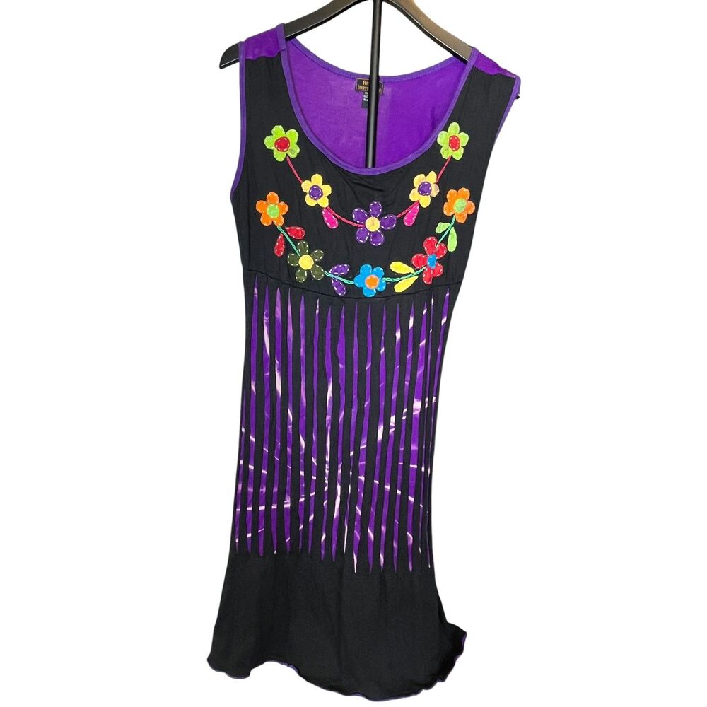 Rising International XL Purple Black Embroidered Floral Boho Midi Dress Nepal
